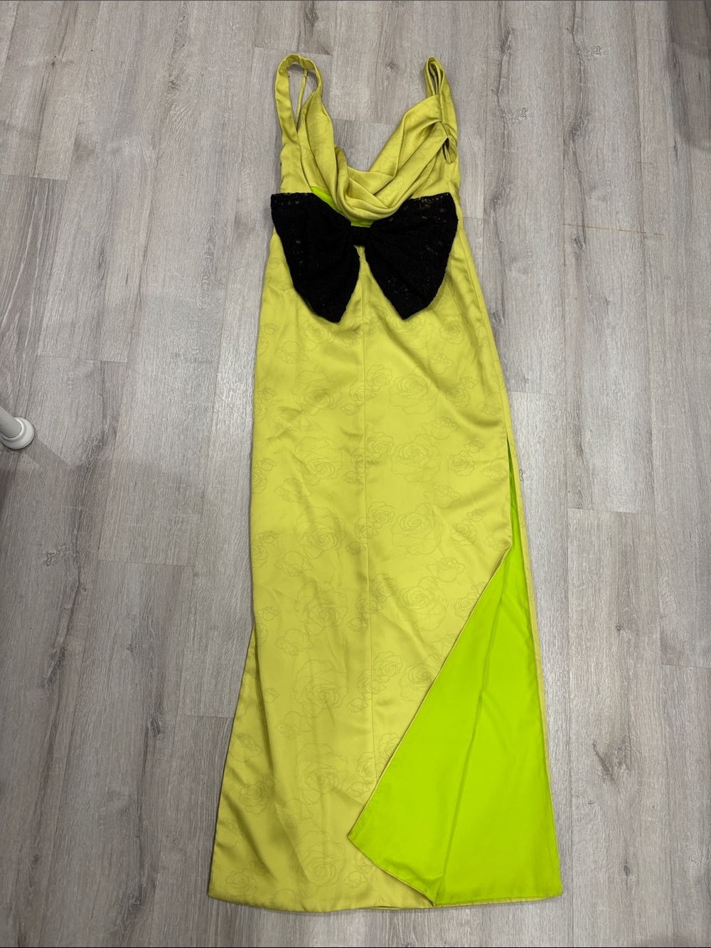 Lime Green Satin Maxi Dress with Black Bow Accent